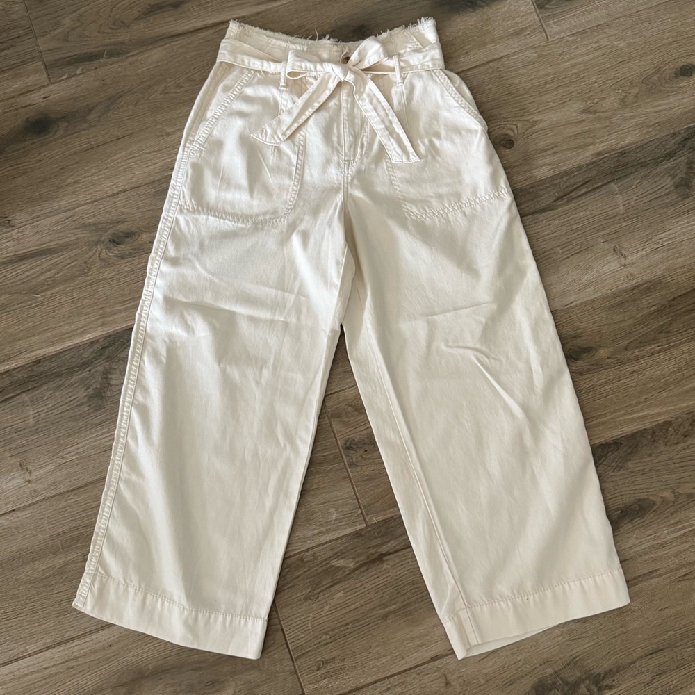 A.N.A. Size 4 Ivory High-Rise Wide Leg Crop Pant Cotton-Lyocell Tie Belt Pockets